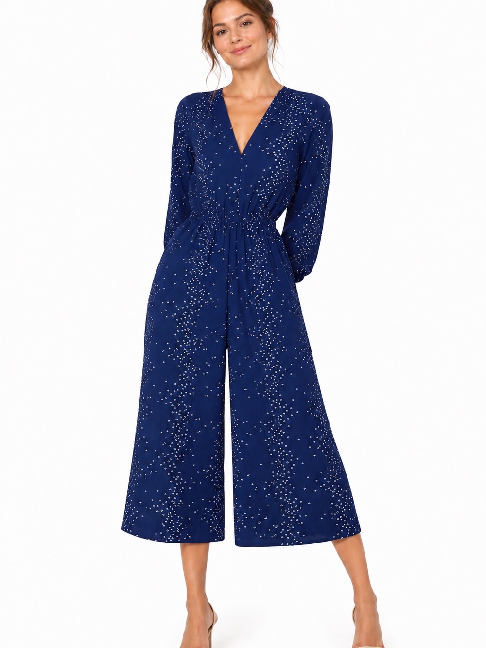 Superfoxx Navy Blue Geometric Pattern Long-Sleeve Wide-Leg Jumpsuit - Size XS